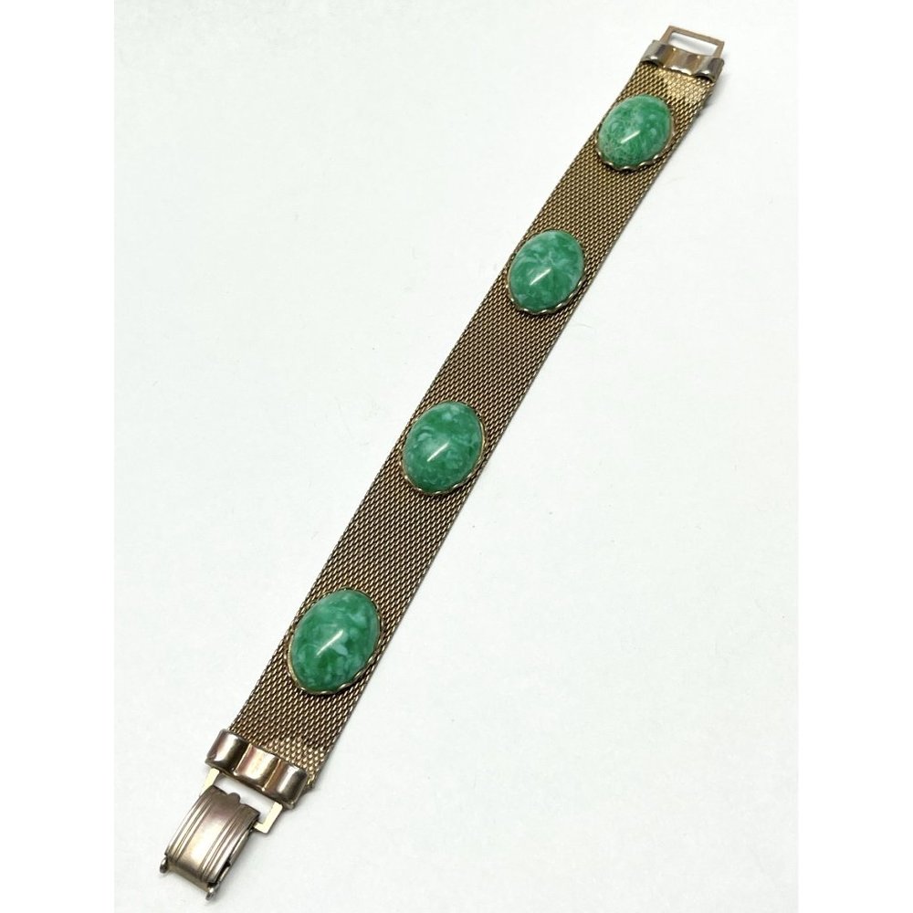 Vintage green glass gold mesh bracelet